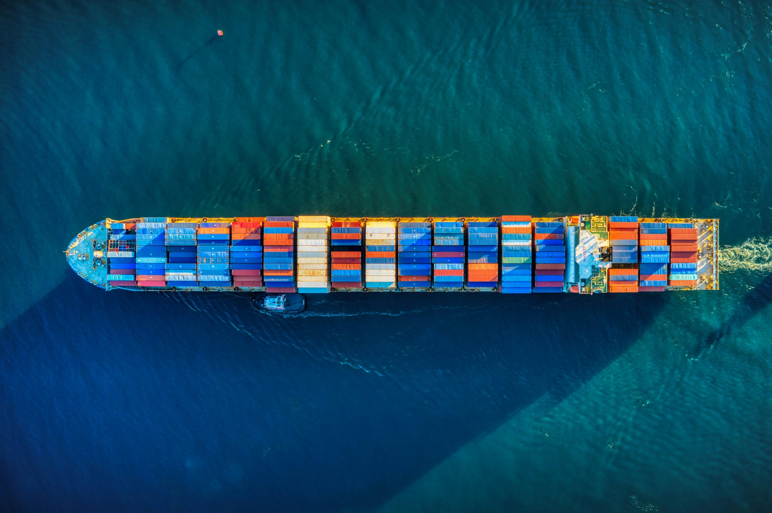 Aerial view of container ship at sea